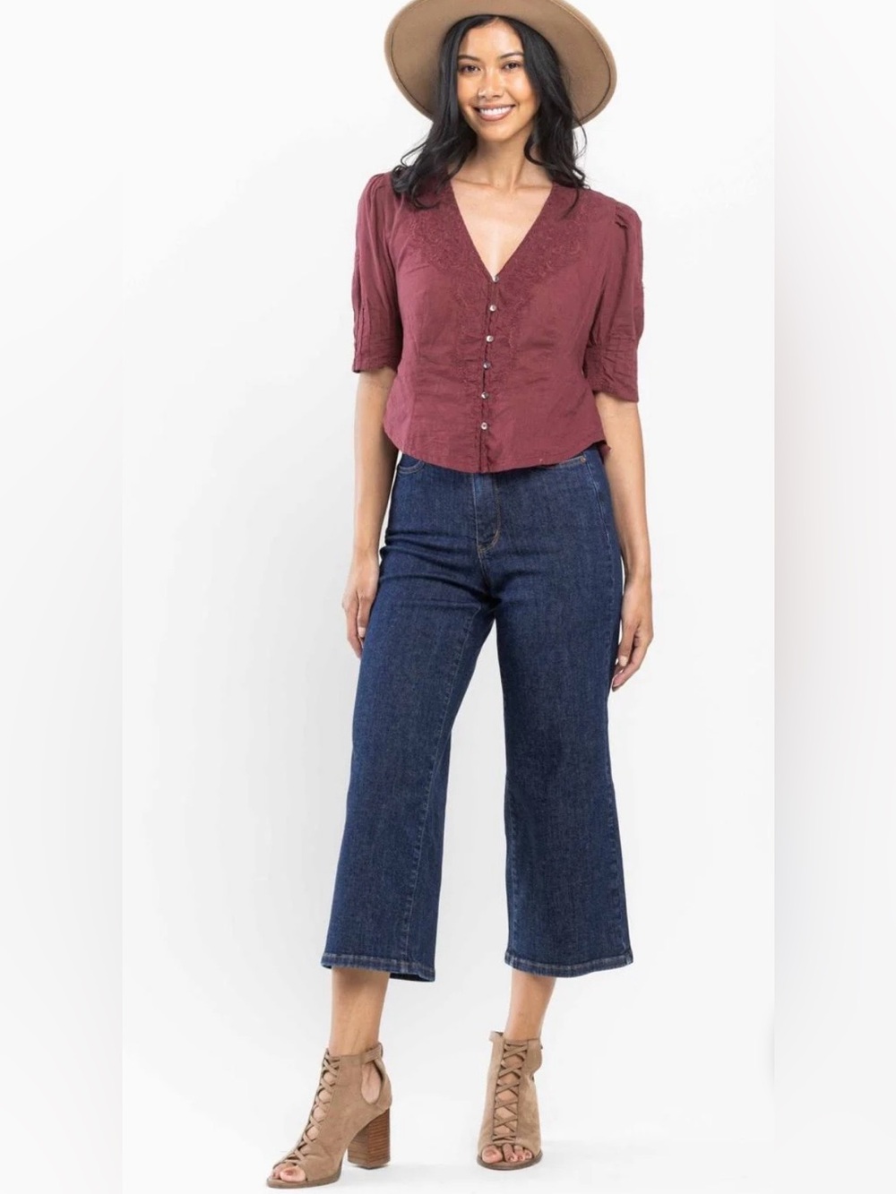 JUDY BLUE High Waist Wide Leg Crop Dark Denim Wash Jeans 14W